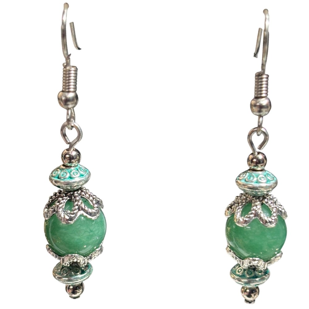 Vintage Green Ornate Filigree Bead Dangle Drop Earrings